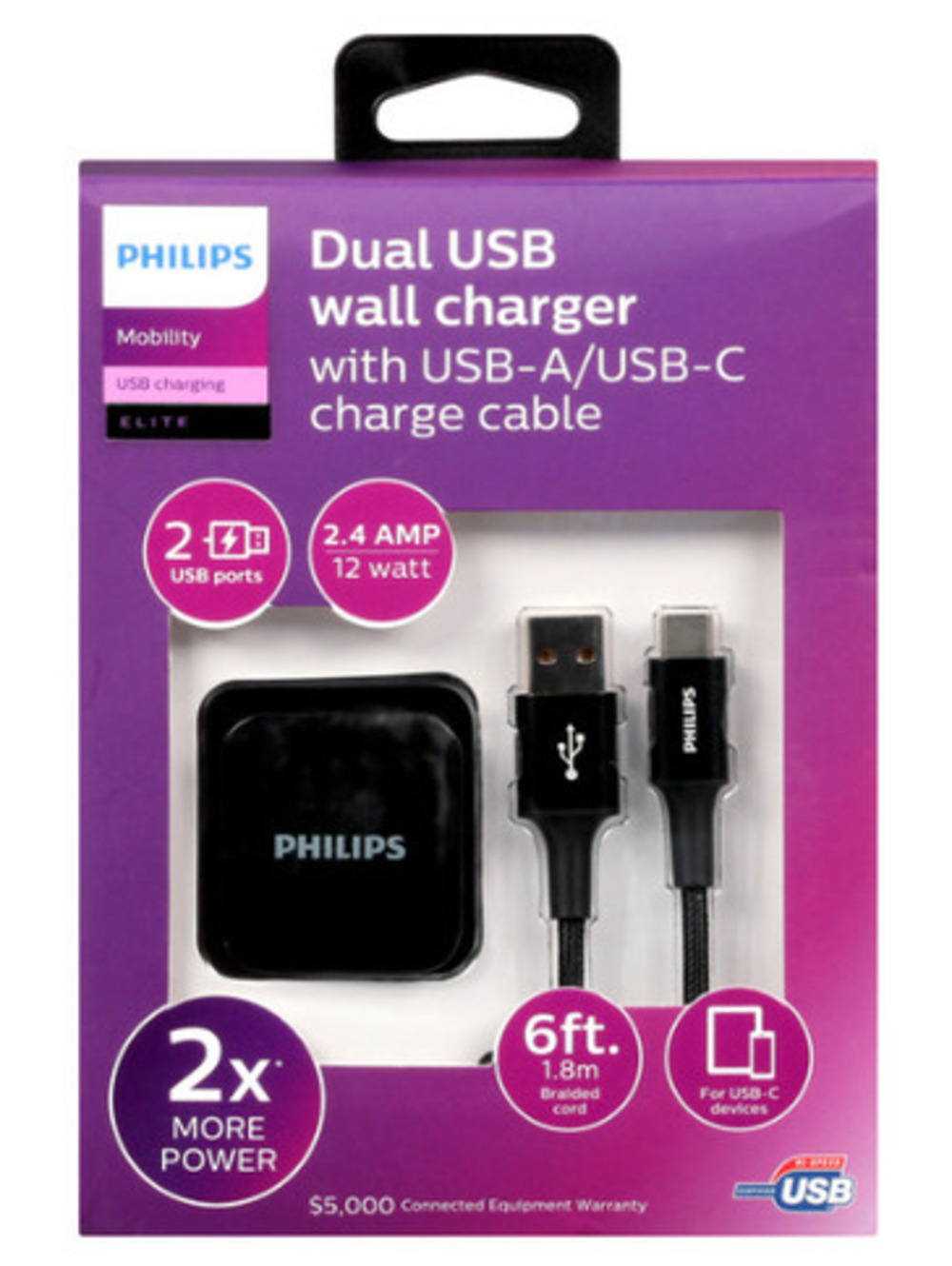 Philips Mobility Elite Dual USB Wall Charger with 6 ft Cable
